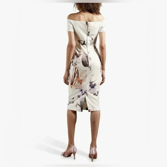 Ted Baker Sadie White Floral Off Shoulder Midi Pencil Dress - Picture 2 of 8